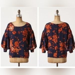 Anthropologie Maeve Navy and Orange Floral Blouse